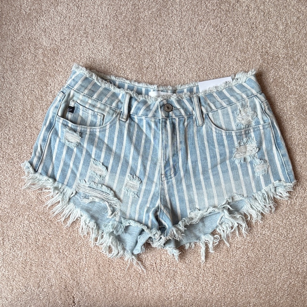 KanCan Denim Striped Distressed Shorts